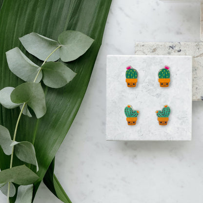 flatlay of novelty cute cactus earrings