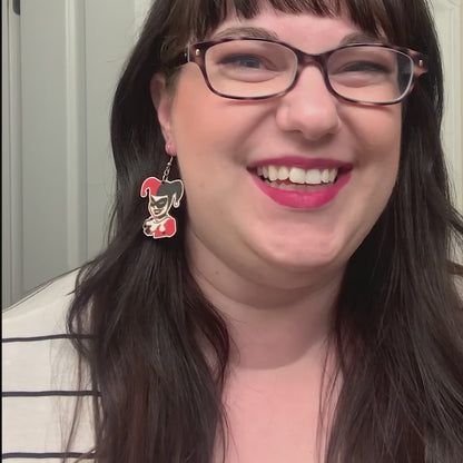 women wearing harley quinn earrings